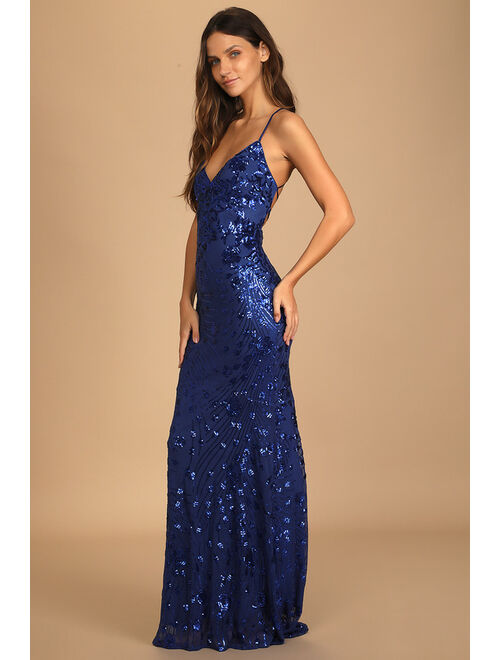 Lulus Photo Finish Royal Blue Sequin Lace-Up Maxi Dress