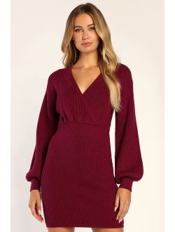 Fall Flirt Plum Purple Balloon Sleeve Sweater Dress
