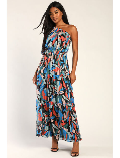 Lulus Essence of Enchantment Black Multi Lurex One Shoulder Maxi Dress