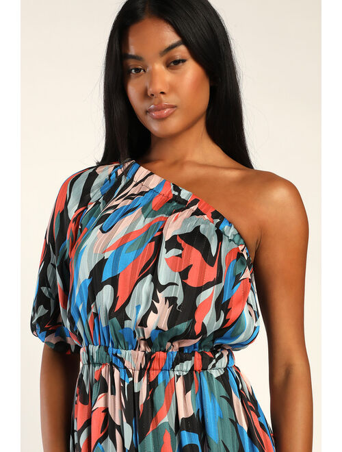 Lulus Essence of Enchantment Black Multi Lurex One Shoulder Maxi Dress