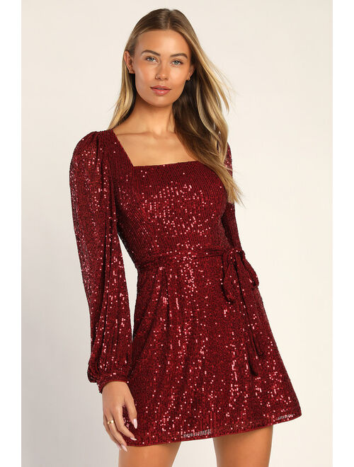 Lulus Festive Mood Wine Red Sequin Long Sleeve Mini Dress