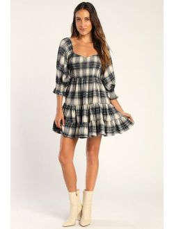 No One Cuter Navy and White Plaid Puff Sleeve Tiered Mini Dress