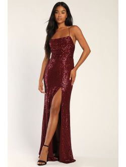 Evenings of Elegance Burgundy Sequin Lace-Up Maxi Dress