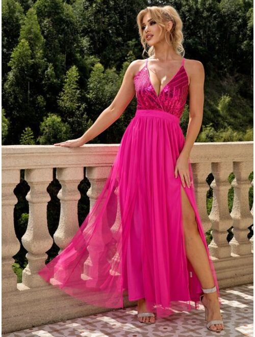 Joyfunear Sequin Bodice Backless Mesh Cami Prom Dress