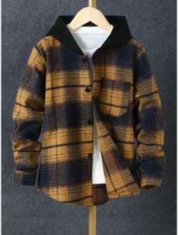 Boys Plaid Patched Pocket Hooded Shirt Without Tee