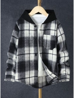 Boys Plaid Patched Pocket Hooded Shirt Without Tee