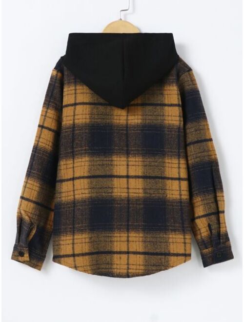 Shein Boys Plaid Patched Pocket Hooded Shirt Without Tee
