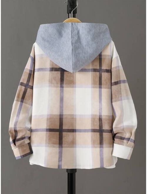 Shein Boys Plaid Print Hooded Shirt Without Tee