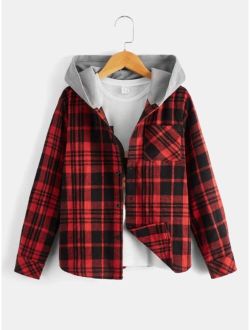 Boys Plaid Print Hooded Shirt Without Tee