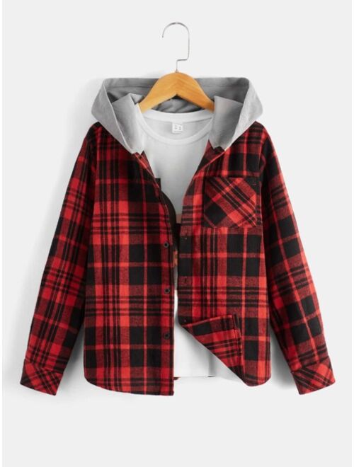 SHEIN Boys Plaid Print Hooded Shirt Without Tee