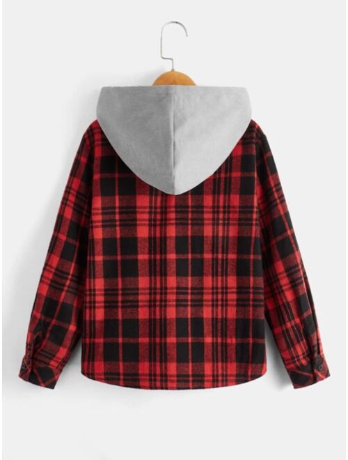 SHEIN Boys Plaid Print Hooded Shirt Without Tee