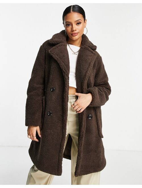 QED London double breasted sherpa coat in chocolate