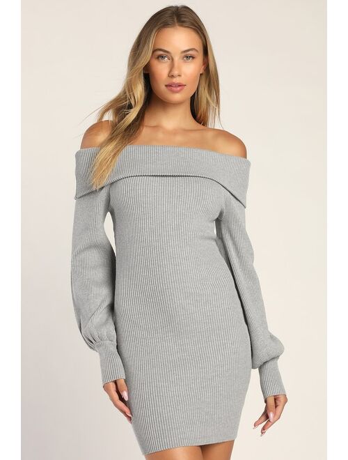 Lulus Fashionable Forecast Heather Grey Off-the-Shoulder Sweater Dress