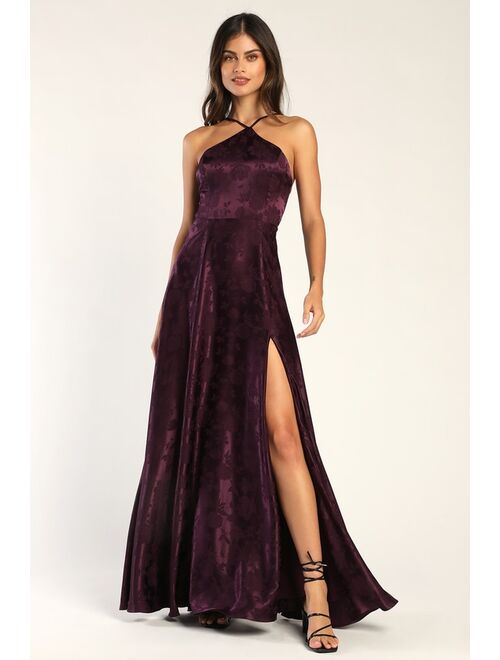 Lulus Elegant Sophistication Purple Satin Jacquard Halter Maxi Dress