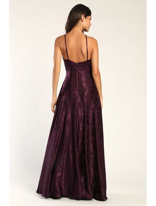 Lulus Elegant Sophistication Purple Satin Jacquard Halter Maxi Dress
