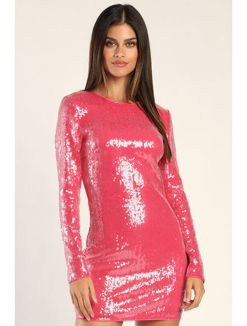Lulus Babe Mode Hot Pink Sequin Long Sleeve Mini Dress