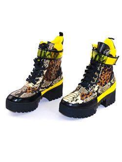 Future Wave Leopard Snake Lace Up Lug Sole Commander Millitary Boots