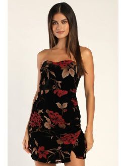 Evenings in Love Black Floral Print Velvet Strapless Mini Dress