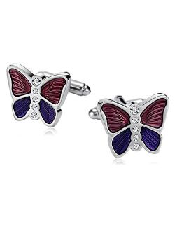 Gnzoe Silver Cufflink Set, Cufflink Wedding Stainless Steel Crystal Butterfly Cuff Links Purple Pink