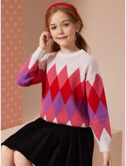 Teen Girls Argyle Pattern Drop Shoulder Sweater