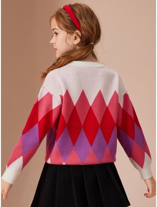Shein Teen Girls Argyle Pattern Drop Shoulder Sweater