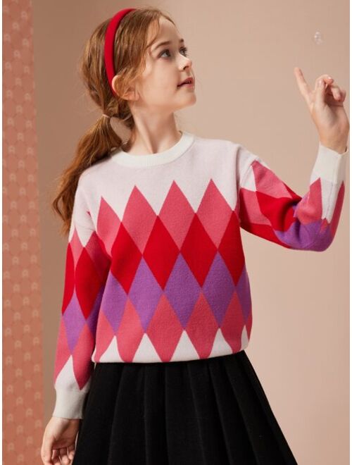 Shein Teen Girls Argyle Pattern Drop Shoulder Sweater