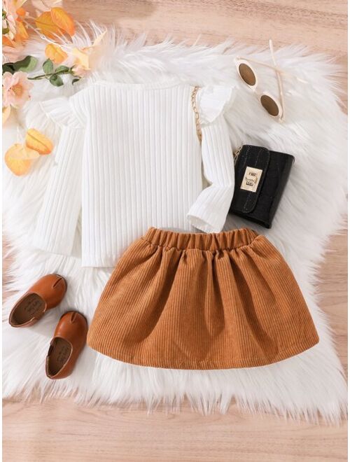Shein Baby Ribbed Knit Ruffle Trim Tee & Bow Front Skirt