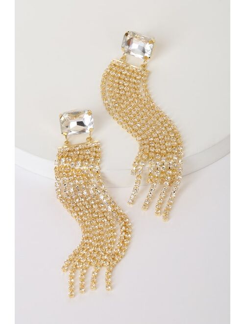 Lulus Glamorous Elegance Gold Rhinestone Fringe Earrings