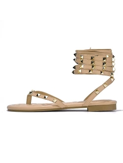 Casiana Gladiator Sandals Slides for Women, Lace Up Studded Womens Split Toe Shoes