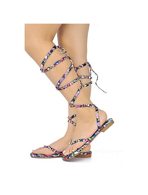 Cape Robbin Casiana Gladiator Sandals Slides for Women, Lace Up Studded Womens Split Toe Shoes