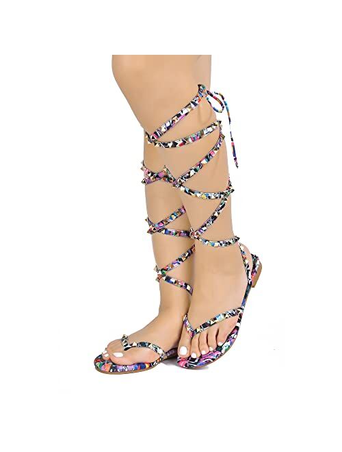 Cape Robbin Casiana Gladiator Sandals Slides for Women, Lace Up Studded Womens Split Toe Shoes