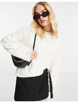 crew neck sweater with cable in cream
