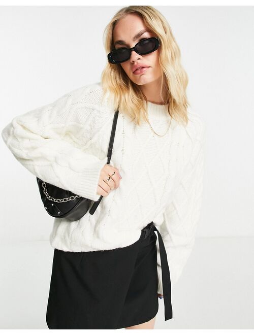 ASOS DESIGN crew neck sweater with cable in cream