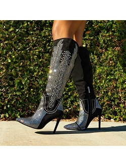 Olkley Cowboy Knee High Boots Women, Western Cowgirl Boots for Women with Stiletto Heels, Fashion Dress Boots for Women