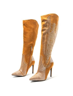 Olkley Cowboy Knee High Boots Women, Western Cowgirl Boots for Women with Stiletto Heels, Fashion Dress Boots for Women