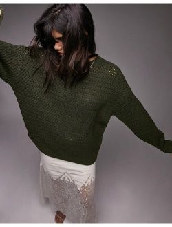 knitted crew neck sweater in green