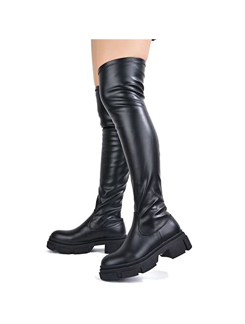 Cape Robbin Campi Over The Knee Boots with Chunky Block Heels, Fashion Dress Boots for Women