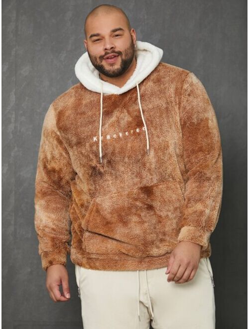 Shein Extended Sizes Men Letter Embroidery Tie Dye Kangaroo Pocket Drawstring Flannel Hoodie