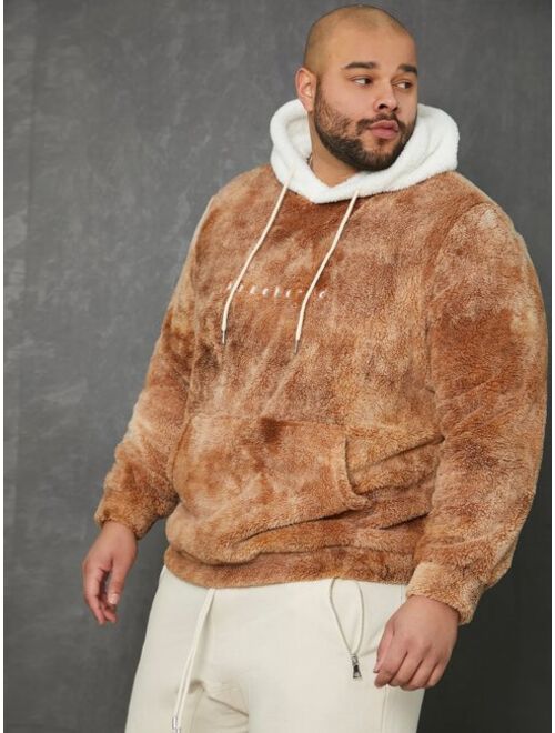 Shein Extended Sizes Men Letter Embroidery Tie Dye Kangaroo Pocket Drawstring Flannel Hoodie