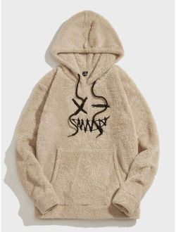 Men Face Embroidery Drawstring Flannel Hoodie
