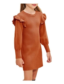 Danna Belle Girls Crew Neck Sweater Dress Lantern Sleeve Dress Knit Ruffled Dress Size 5-12