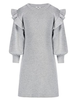 Danna Belle Girls Crew Neck Sweater Dress Lantern Sleeve Dress Knit Ruffled Dress Size 5-12