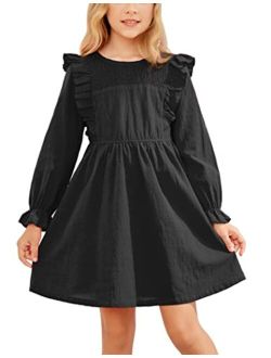 Hopeac Girls Long Sleeve Dress Ruffle Cotton Linen Solid Color A-line Flowy Swing Flared Casual Mini Dresses