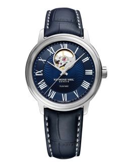 Men's Swiss Automatic Maestro Blue Leather Strap Watch 39.5mm