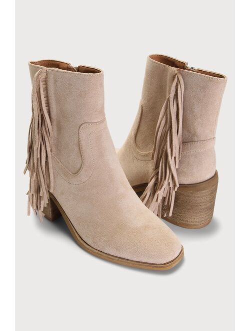 Lulus Abiana Taupe Suede Fringe Ankle Booties
