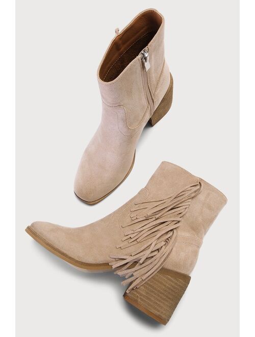 Lulus Abiana Taupe Suede Fringe Ankle Booties