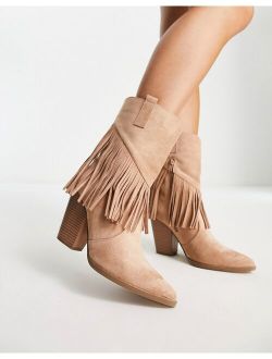 Glamorous fringed western heel boots in beige