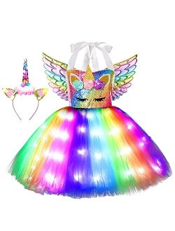 Cuteshower Girls Unicorn Tutu Costume LED Princess Dress Up Halloween Outfit with Headband and Wings