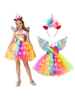 Twister.Ck Girls Unicorn Costume LED Light Up Halloween Unicorn Princess Tutu Outfit for Party Birthday Dress Up Gifts with Headband