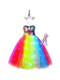 Geyoga Girls Unicorn Tutu Costumes Dress Light Up Unicorn LED Headband Fairy Wand